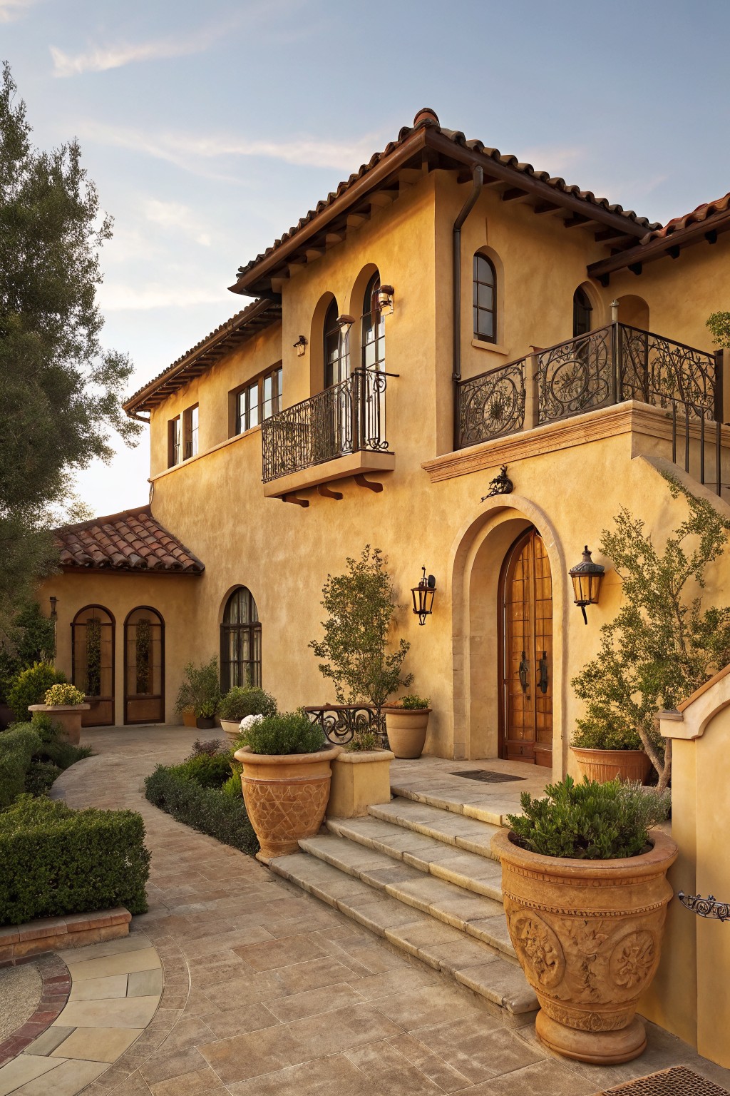 Two-story house with soft yellow stucco walls, red barrel tile roof, arched wooden front door flanked by lanterns, upper balcony with wrought iron railing, stone steps leading to entry, large terracotta pots with plants, and pathway with landscaping.