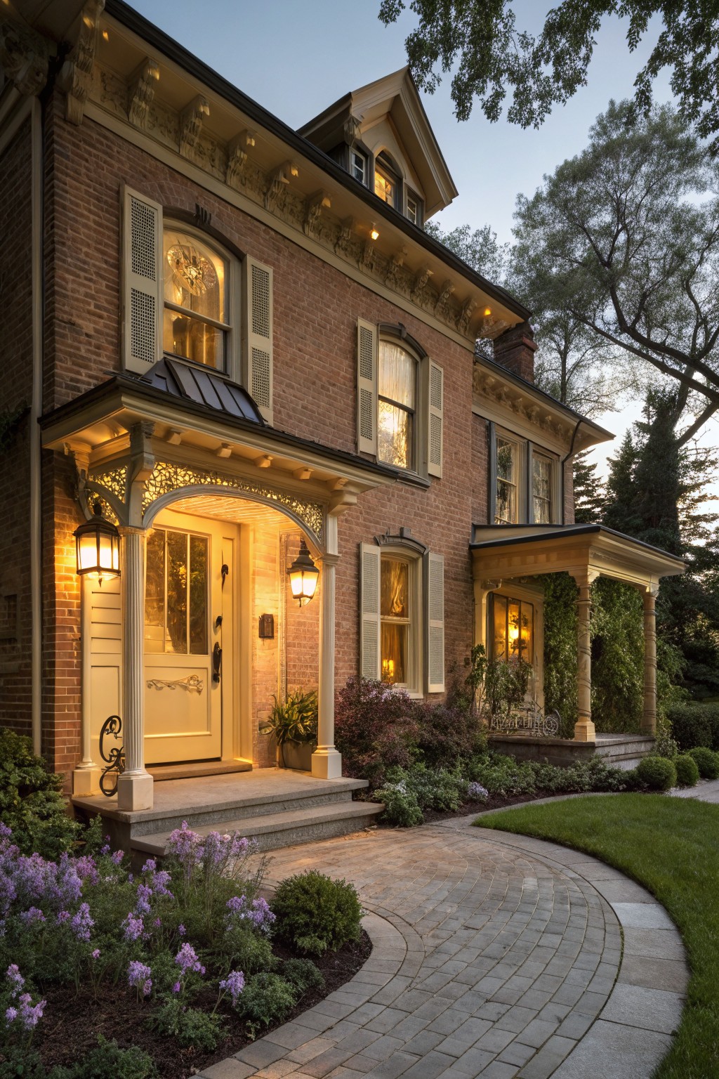 Brick house exterior at dusk with pale yellow trim on porch, door, and windows, flanked by lanterns, shrubs, purple flowers, and a curved brick pathway.
