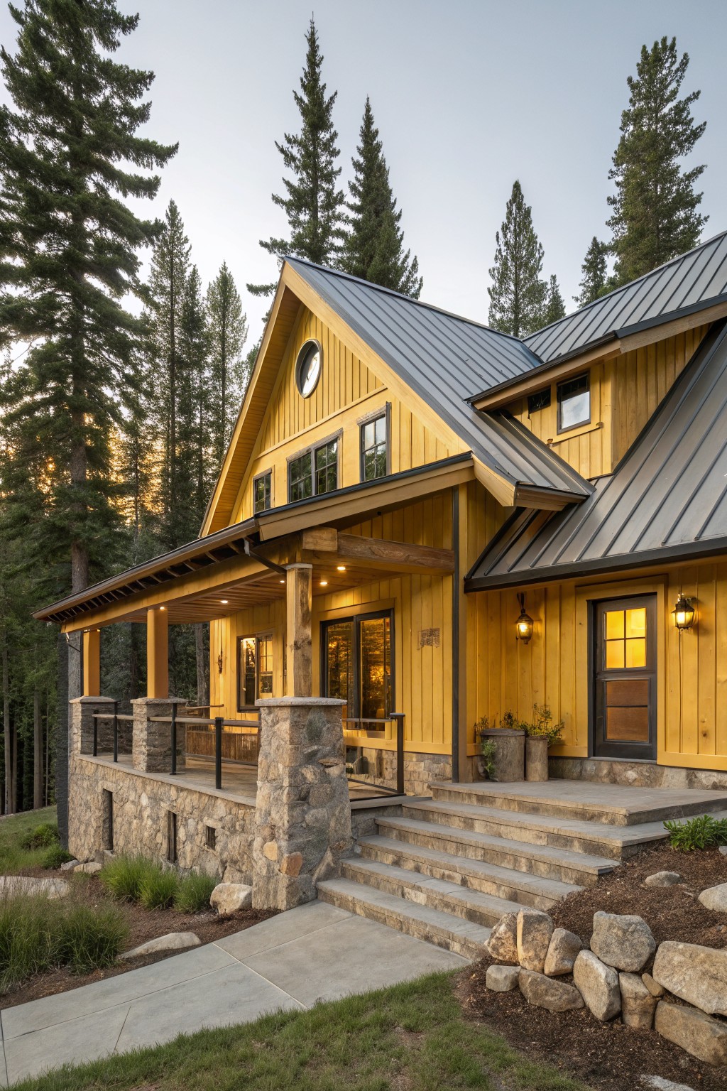A two-story yellow board-and-batten house with dark metal gable roof, covered porch supported by timber posts and stone pillars, concrete steps, and surrounding pine trees with rock retaining walls and grass on a sloped site.