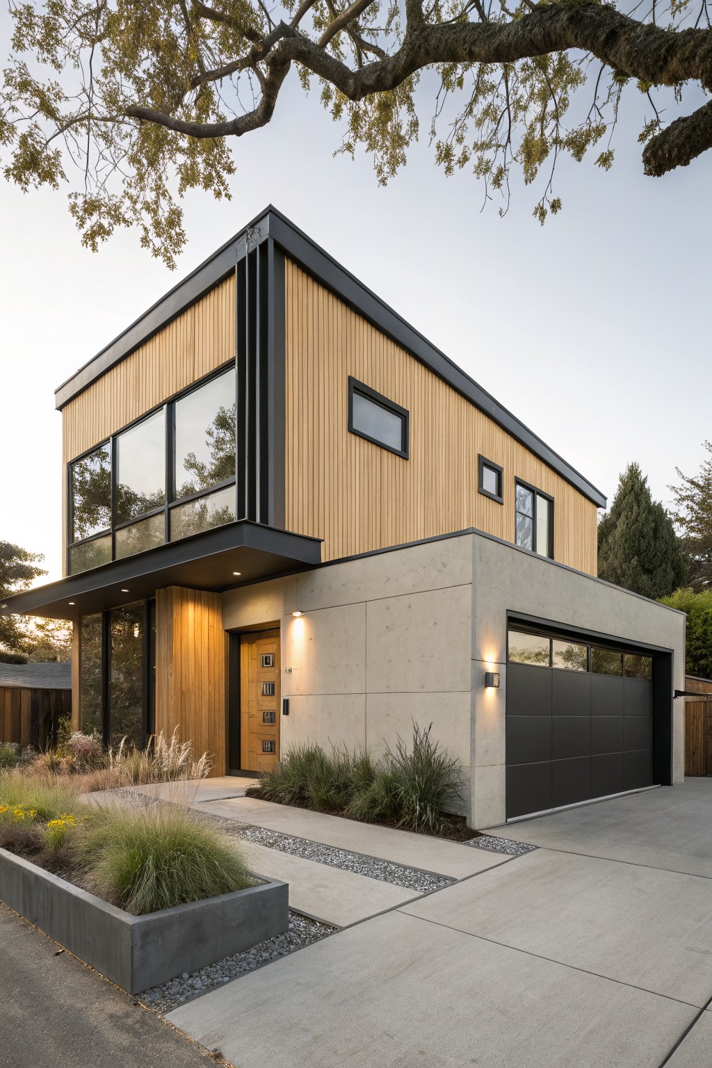 Modern two-story house exterior featuring vertical golden wood siding on upper levels, concrete base with integrated garage, black-framed windows, and gravel pathway with grasses.