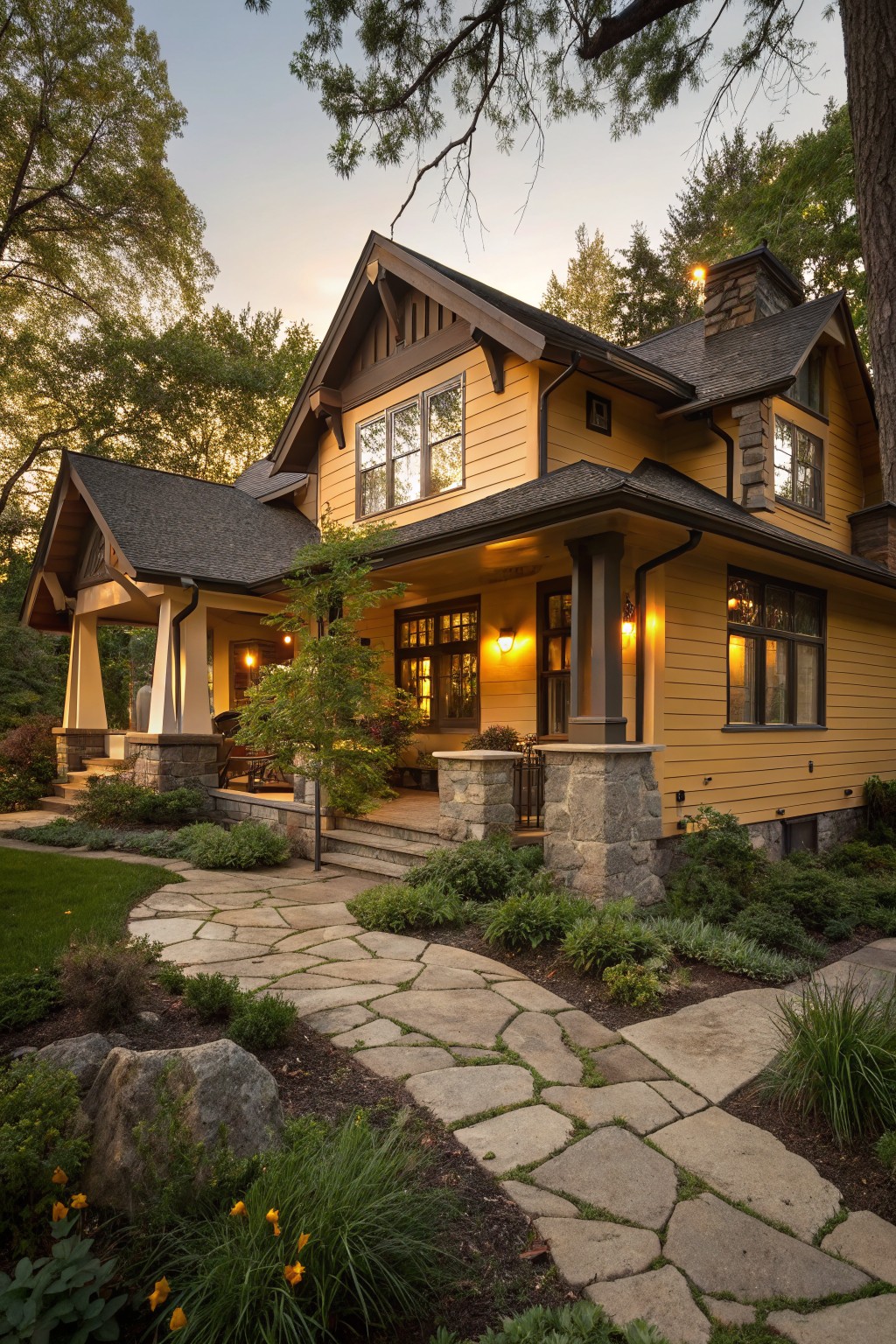 Yellow-painted Craftsman-style house with dark shingle roof, covered porch supported by stone pillars, large windows, flagstone pathway, and surrounding landscaped yard with trees at dusk.