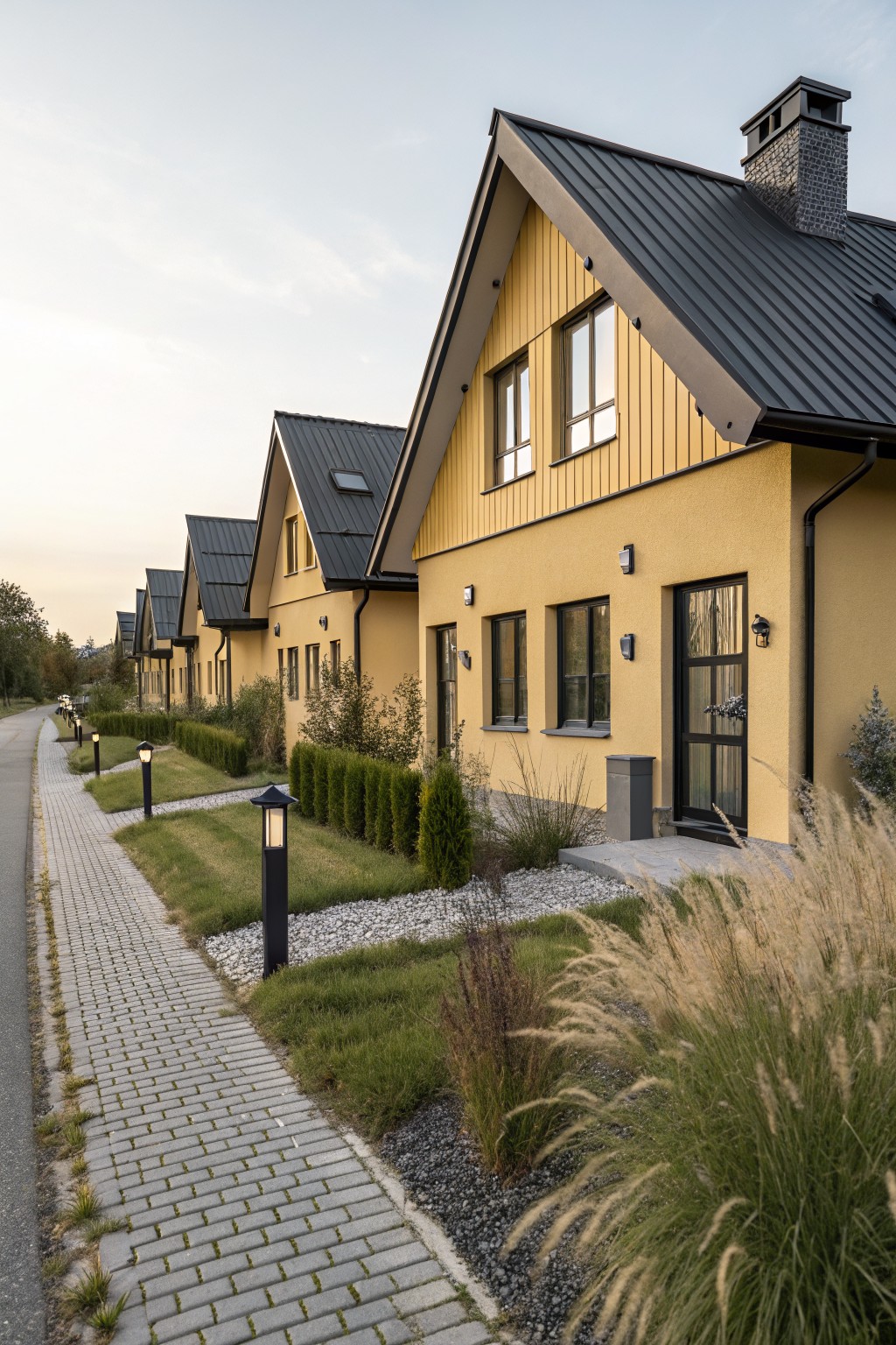 Row of modern yellow terraced houses with dark sloped metal roofs, black-framed windows, and entry doors along a paved walkway with landscaping and bollard lights.