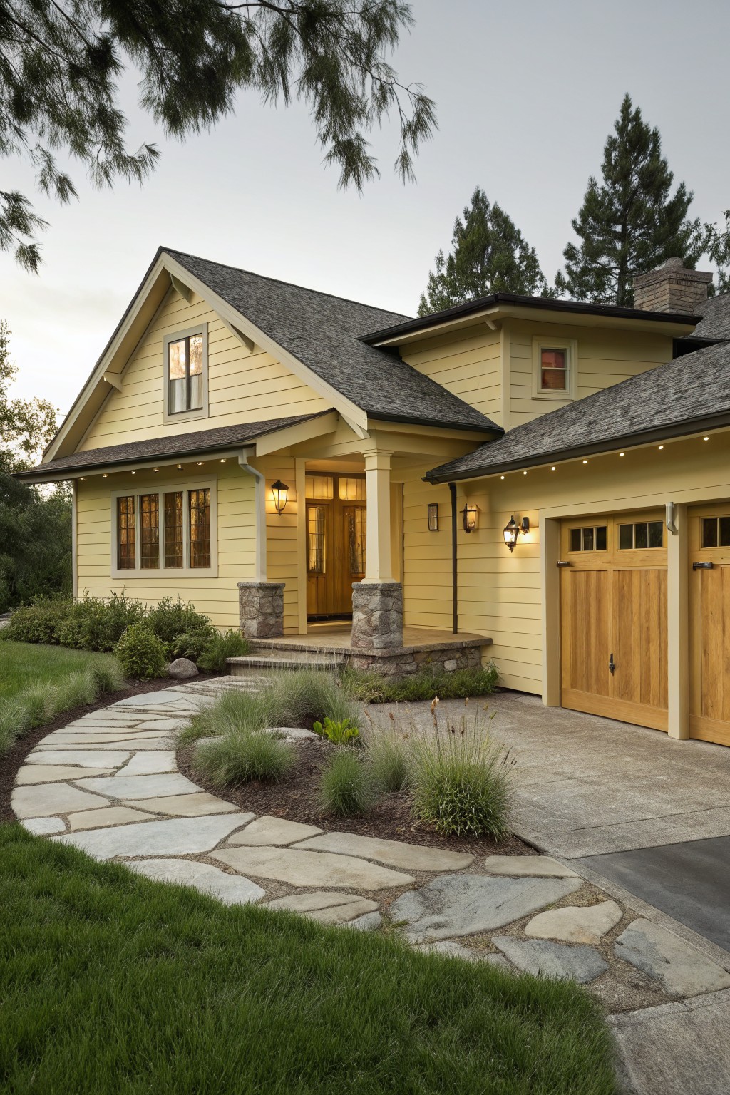 A yellow Craftsman-style house exterior featuring a two-car wooden garage, stone pillars at the entry, flagstone path, low plantings, and surrounding pine trees at dusk.