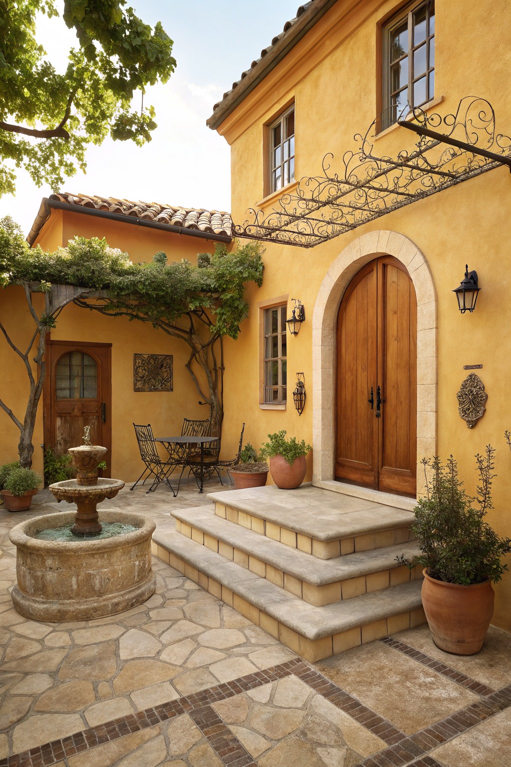 Yellow stucco courtyard exterior of a house with arched wooden double doors, wrought iron lanterns, vine-covered pergola, stone fountain, bistro table and chairs, and potted plants on a tiled patio.