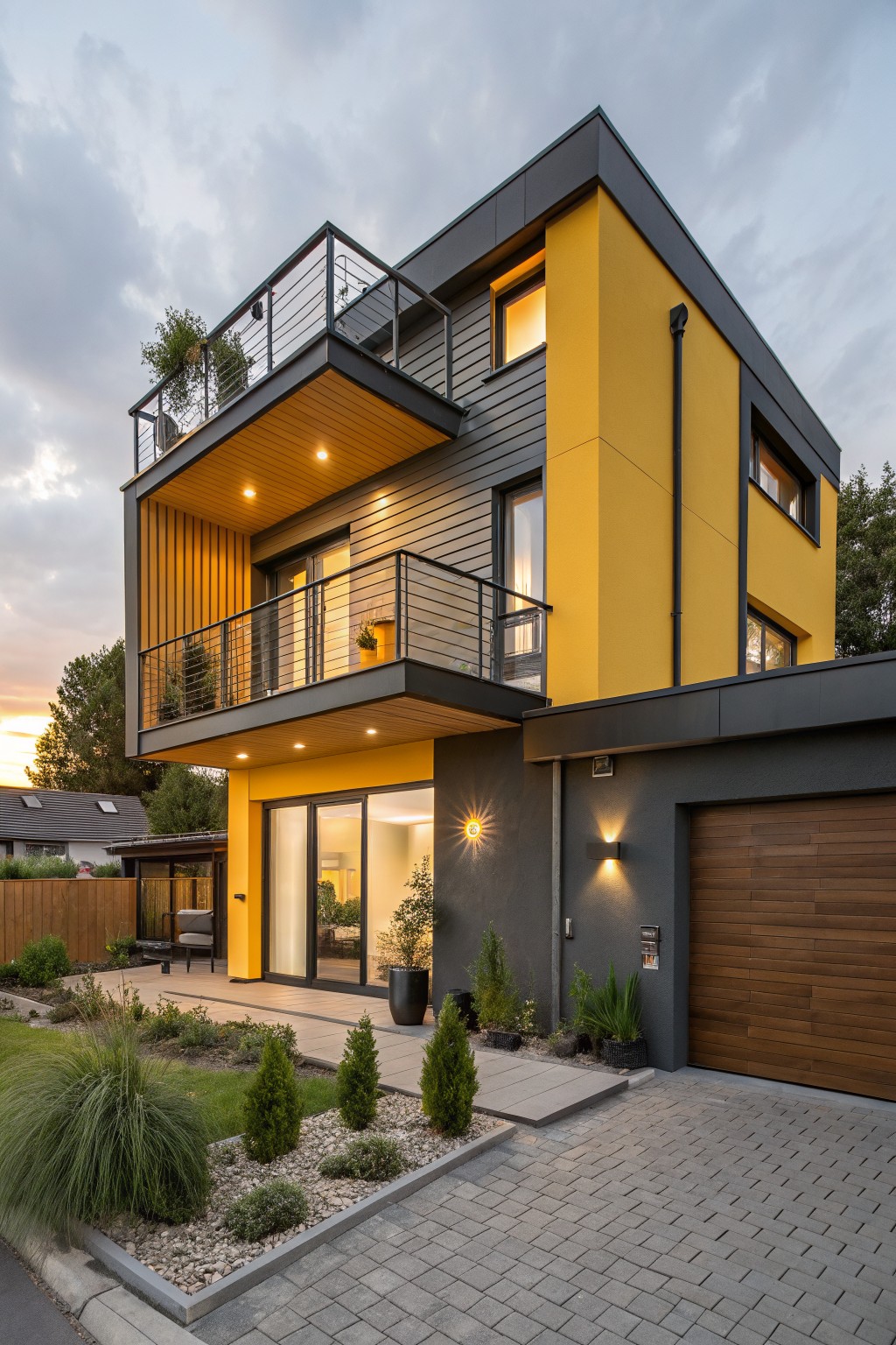 Modern two-story house exterior with yellow painted protruding upper sections and wall, gray siding, metal balcony railing, wooden garage door, front landscaping, and paved driveway at dusk.