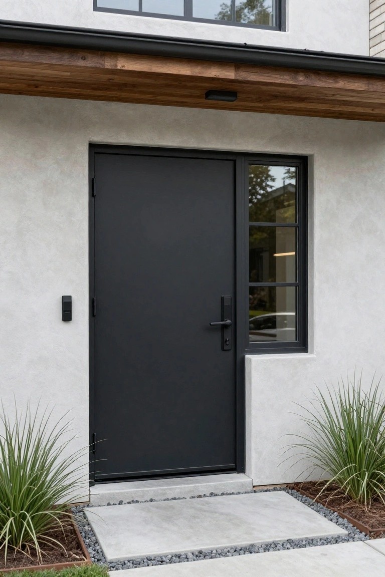 House front entrance with matte black steel door, black-framed sidelight window, light stucco walls, flanking ornamental grasses in beds, concrete stoop edged with gravel.