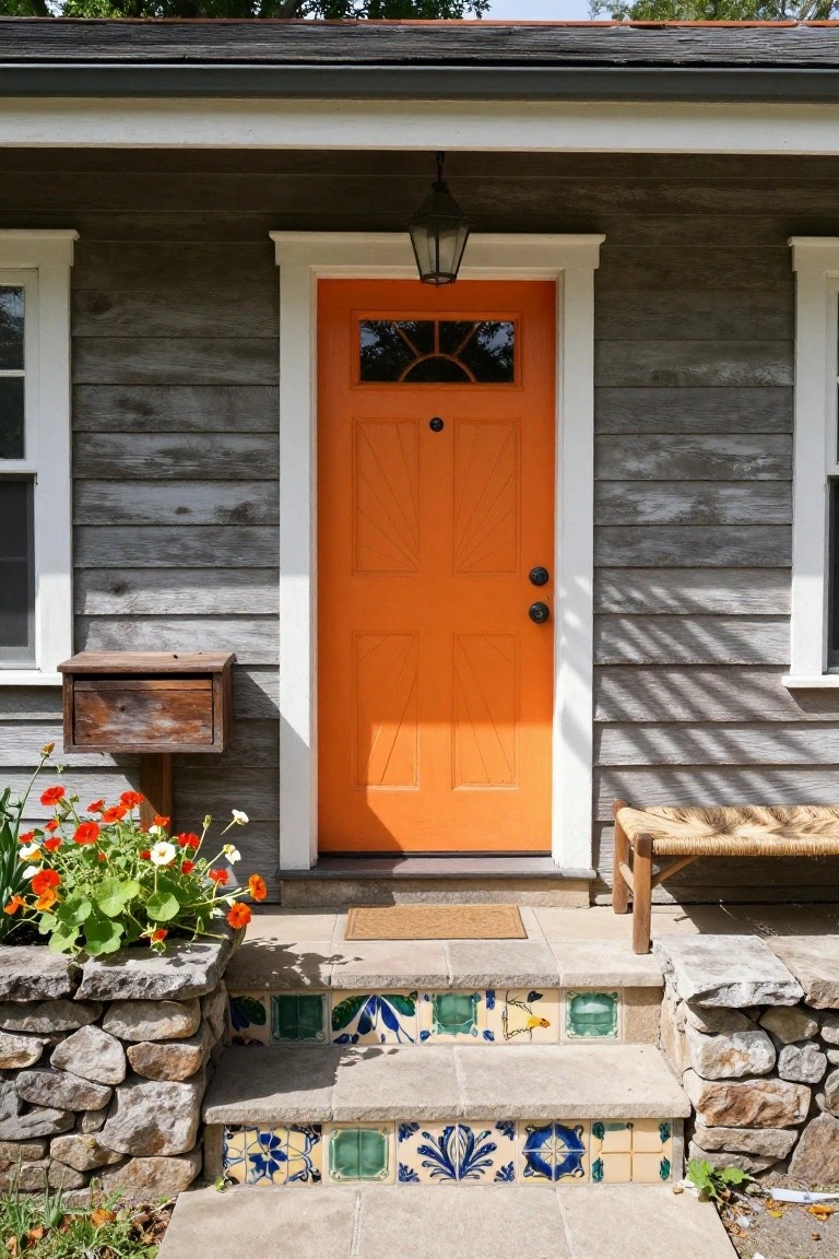 Weathered gray shiplap-sided house exterior with a vivid orange paneled front door, brass knocker and knob, wall lantern, wooden mailbox, potted orange flowers, rattan bench, stone retaining walls, and colorful tiled steps.
