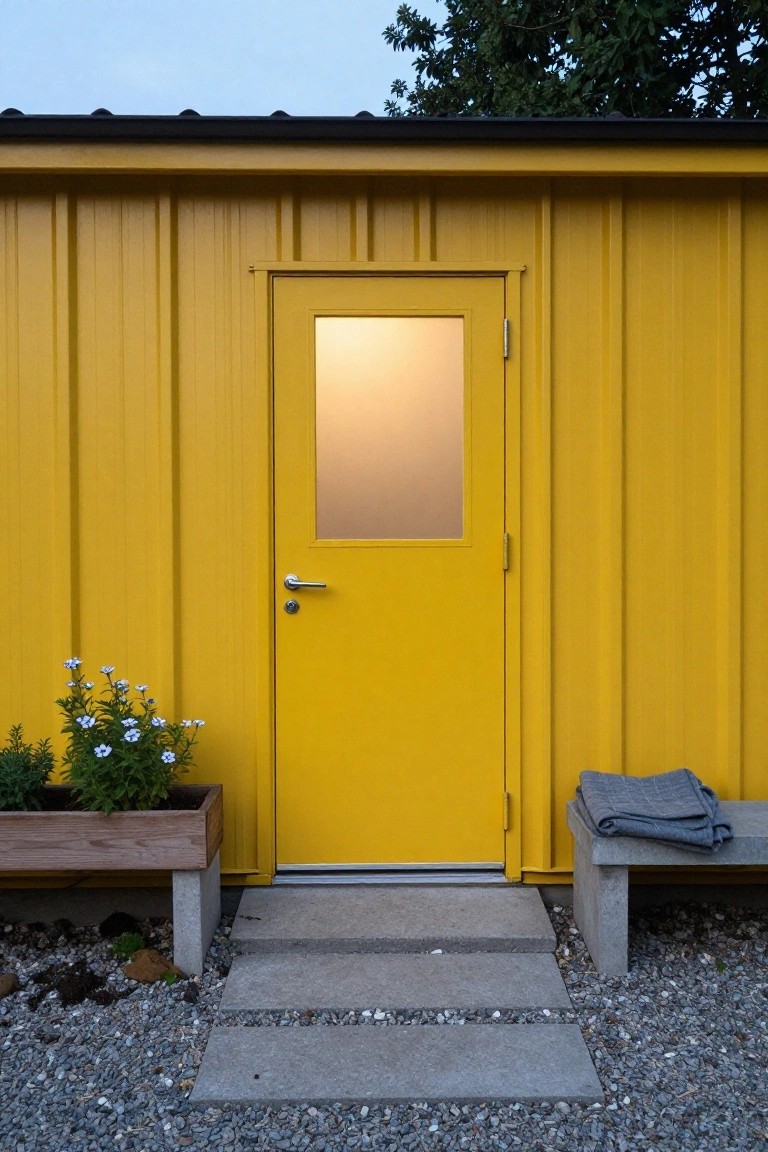 A yellow corrugated metal shed building with a matching yellow front door that has a frosted glass window and silver handle, potted plants on one side, a gray blanket on a concrete bench on the other, concrete steps, and gravel ground.