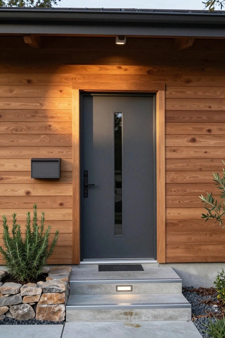 Dark gray front door with narrow vertical window in a frame of horizontal warm-toned wood siding on a house exterior, concrete steps leading up, potted rosemary plant, mailbox, and gravel landscaping nearby.