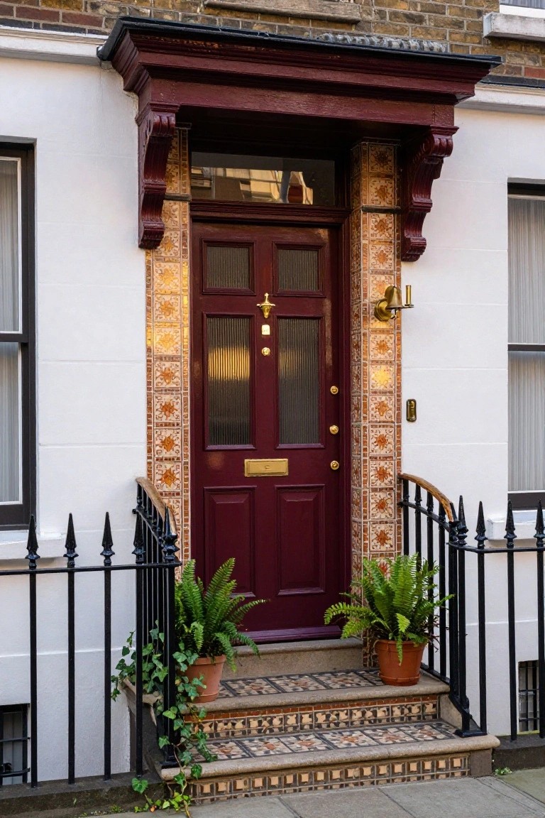 White stucco terraced house with a deep burgundy front door featuring brass knocker and letterbox, ornate gold tiled pillars, black iron railings, and potted ferns on tiled steps.