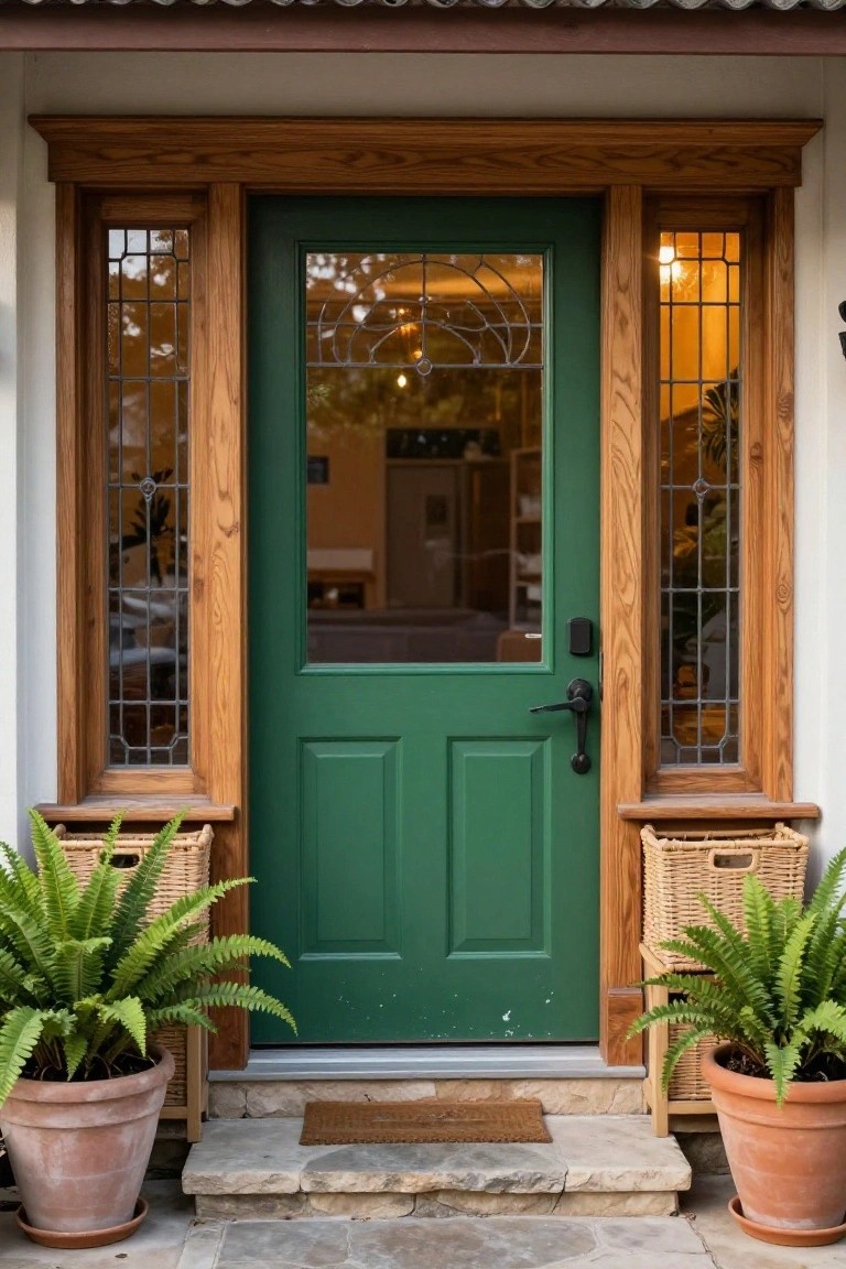 Forest green paneled front door with oak wood frame and stained glass sidelights, flanked by wooden planters holding ferns and terracotta pots on stone entry steps.