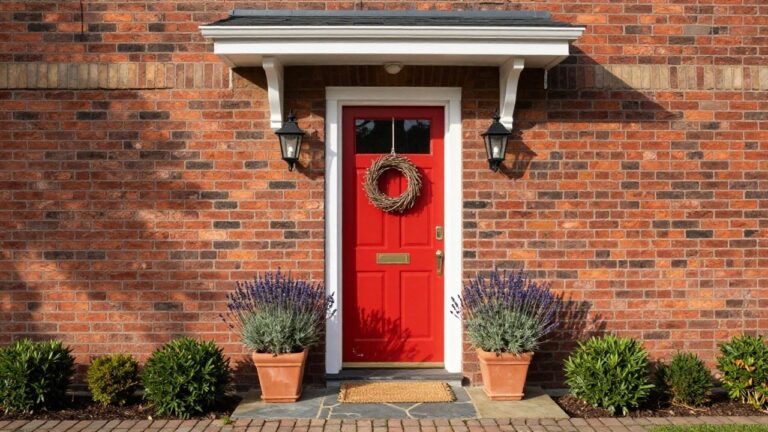 19 Front Door Colors Ideas Red front door on a brick house with black lanterns, wheat wreath, lavender plants in terracotta pots, seagrass doormat, and stone pathway.