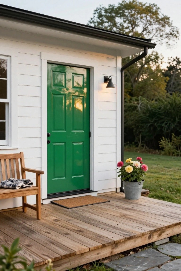 White shiplap house exterior featuring a glossy green paneled front door, black lantern light, wooden bench with plaid blanket, metal bucket of colorful dahlias, doormat on wooden porch deck, with garden and trees in background.