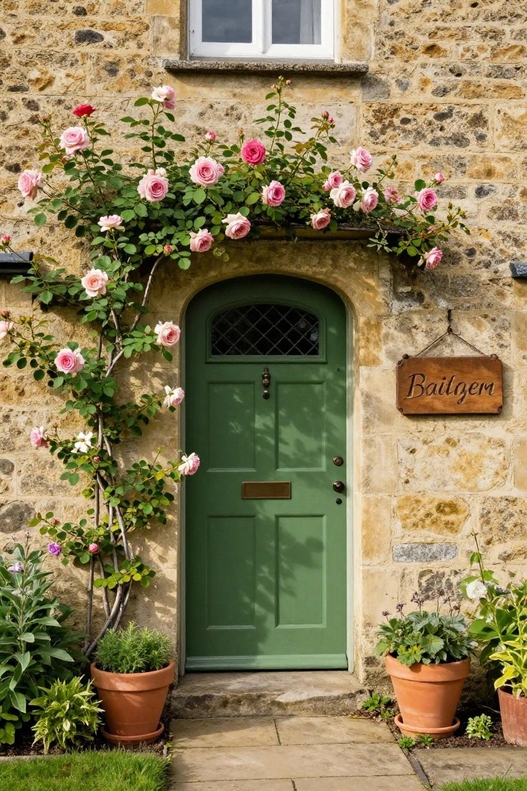 Green arched front door with leaded glass window on beige stone cottage wall covered in pink climbing roses, wooden sign reading Baitgen nearby, and potted plants flanking the stone steps.