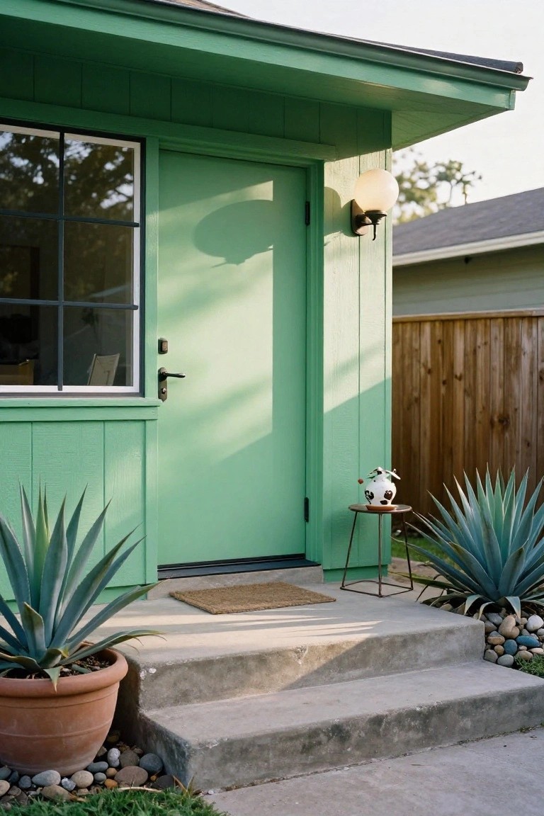 Mint green wooden front door and siding on a small house with a window to the side, wall lantern, potted agave plants, small table with cow figurine, concrete steps, and wood fence nearby.