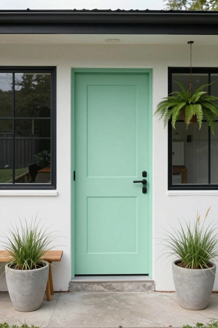 White house exterior with black-framed windows on either side of a mint green front door, gray pots of grasses on a wooden bench and another pot nearby, and a hanging fern plant from the overhang.
