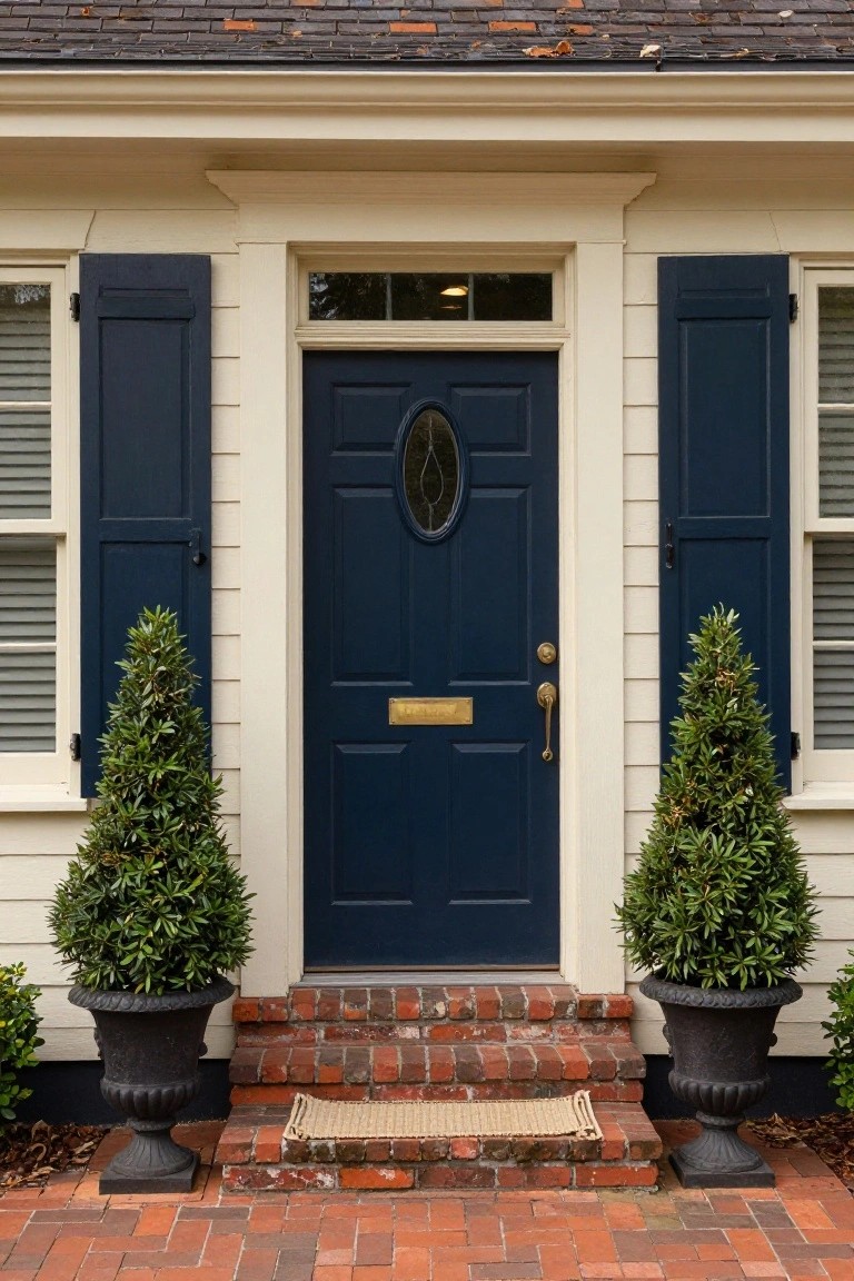 White clapboard house exterior with centered navy blue front door featuring oval window and gold hardware, flanked by matching navy shutters, two black urns with topiary boxwoods, brick steps with seagrass mat, and brick pathway.