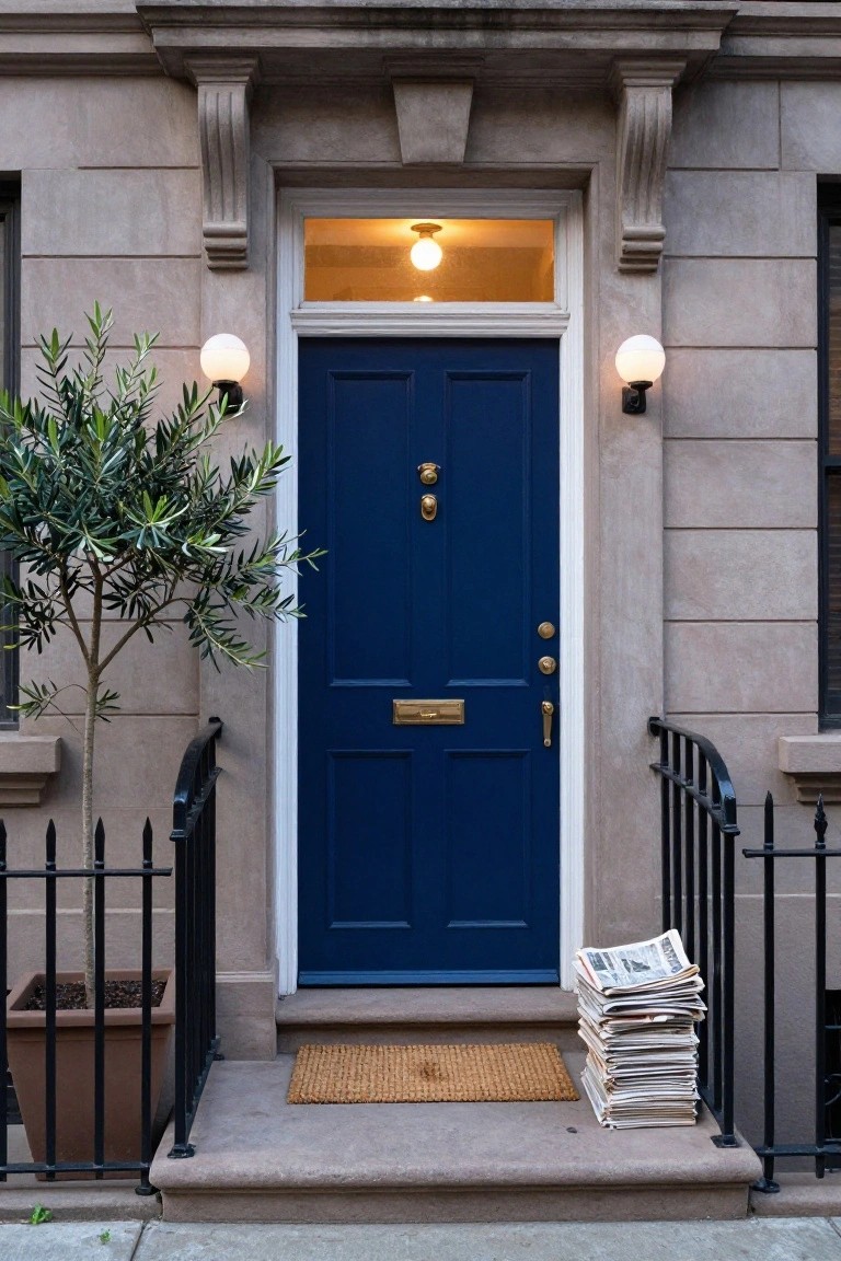 Navy blue front door with brass knocker and letterbox on a beige brownstone facade, flanked by white globe wall lights and a potted olive tree, black iron railing, welcome mat, and stack of newspapers on the front steps.