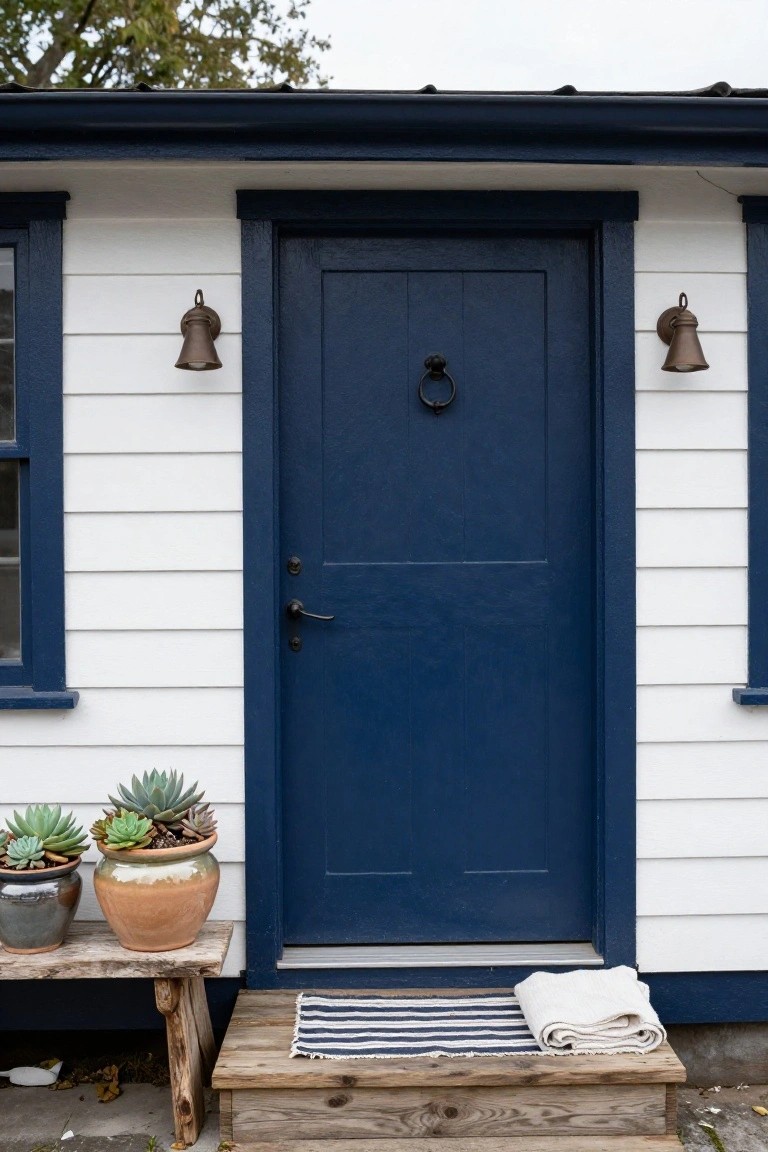 White clapboard house exterior with navy blue front door, matching blue window frames, bronze wall lanterns, potted succulents on a wooden bench, striped doormat, white towel, and wooden steps.