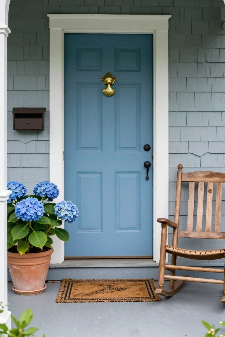 Navy blue front door with brass knocker and black doorknob on a gray shingle house exterior with white trim, blue hydrangea plant in terracotta pot, wooden rocking chair, and woven doormat on the porch.