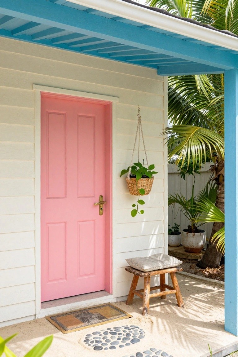Close-up of a bright pink paneled front door with brass handle on a white clapboard house under a blue porch roof, featuring a hanging basket plant, potted plants, wooden stool, doormat, pebble path, and palm trees.