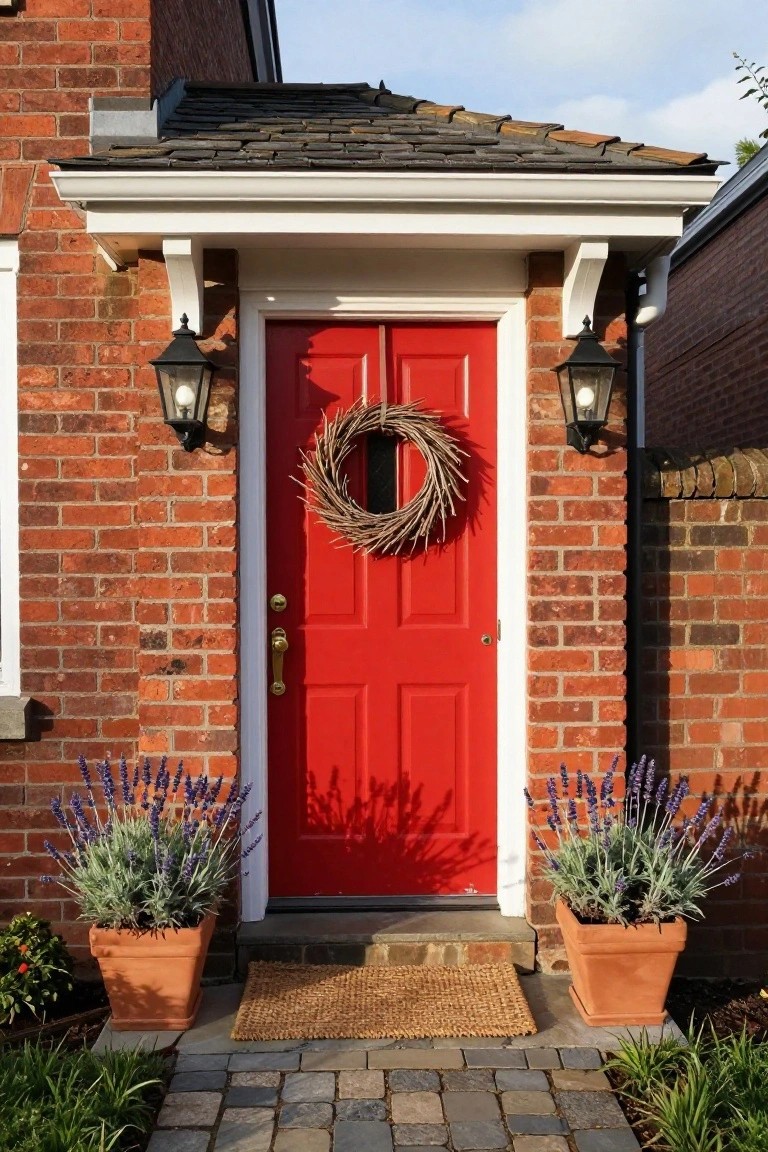 Red front door on a brick house with black lanterns, wheat wreath, lavender plants in terracotta pots, seagrass doormat, and stone pathway.