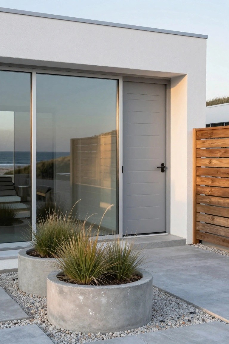 Modern white stucco house exterior featuring a gray front door beside large glass sliding doors, two concrete planters with ornamental grasses on a gray paver patio with white pebbles, overlooking beach dunes.