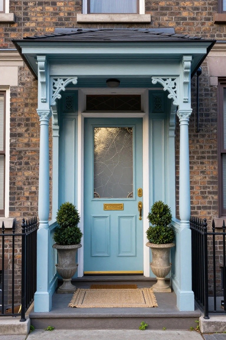 Turquoise front door with frosted glass upper panel and brass knocker on a covered porch with white columns and brackets, flanked by stone urns with boxwood topiaries, black metal railing, and brick house walls.