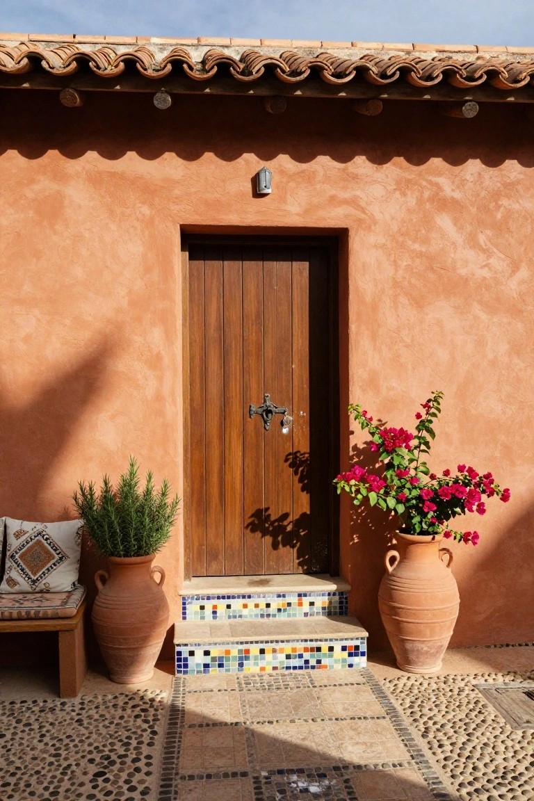 Terracotta stucco exterior wall with dark wooden front door, colorful tiled entry steps, potted plants including bougainvillea and rosemary, bench, and pebble stone path in sunlight.