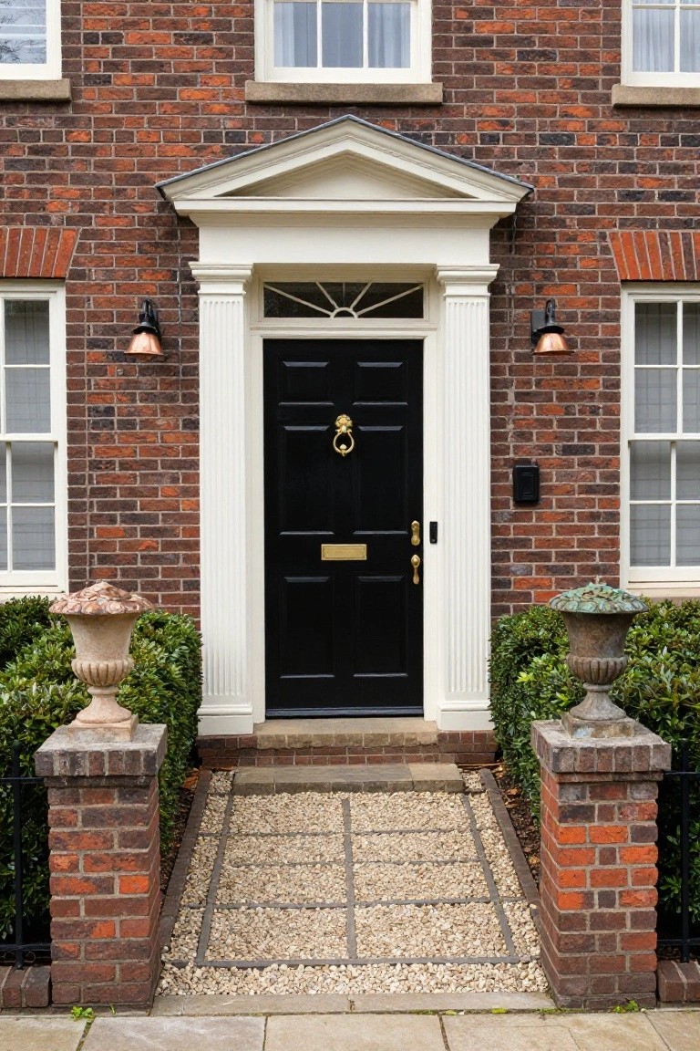 Reddish-brown brick house exterior featuring a black front door with brass knocker and letterbox, framed by white columns and pediment, flanked by lanterns and stone urn planters on brick pedestals, with a gravel path leading to the entry.