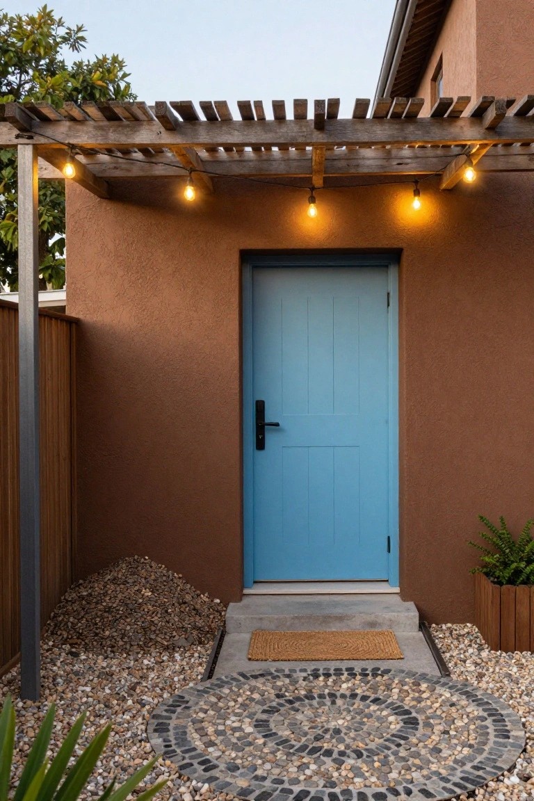 Blue wooden front door on a textured terracotta brown stucco house wall under a wooden pergola with hanging string lights, gravel ground cover, circular mosaic pebble path, and potted plants nearby.