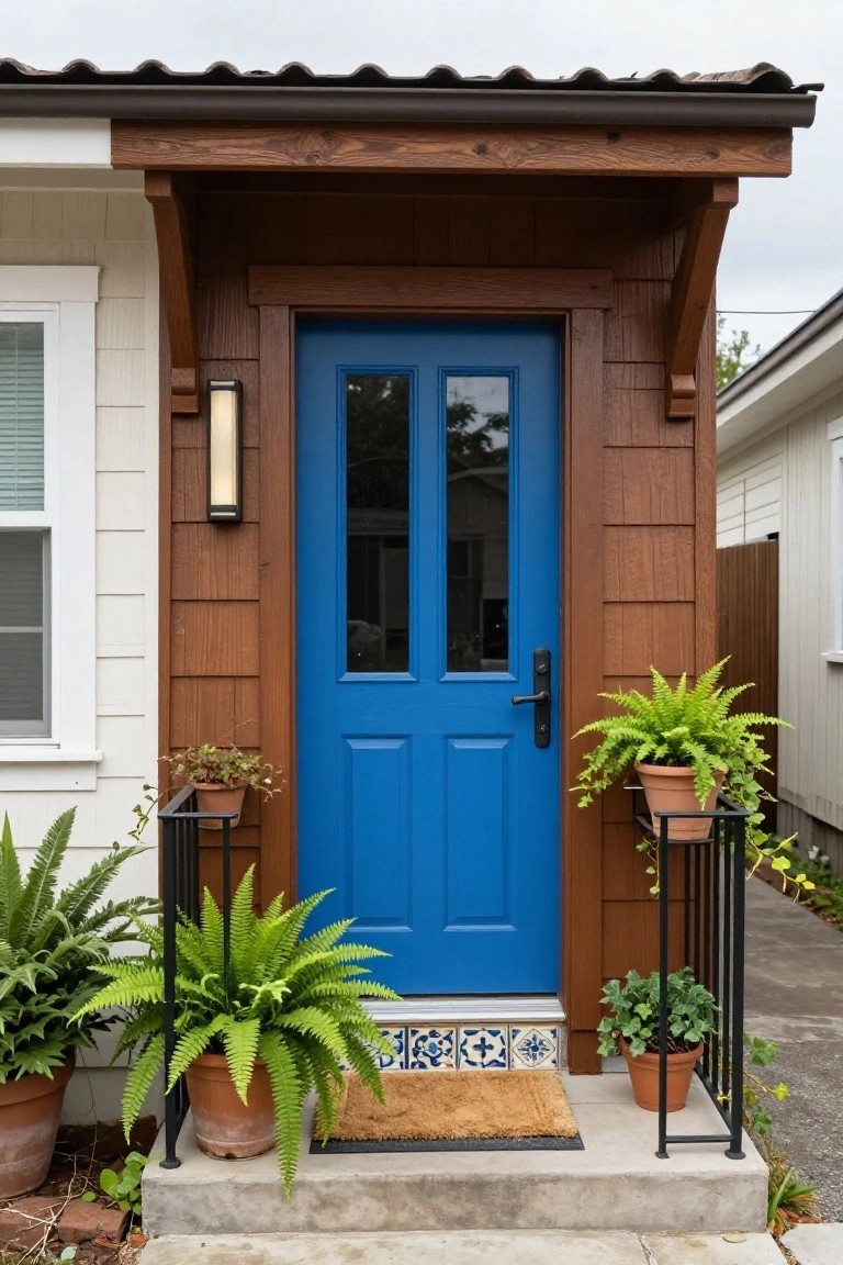 Blue double-paneled front door on a brown wood porch with wall-mounted light, potted ferns flanking the steps, terracotta tiles, and a doormat.