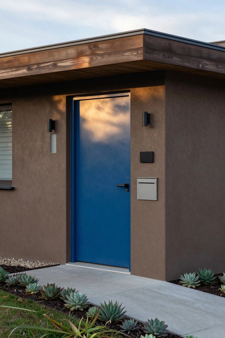 Brown stucco house exterior with wooden roof overhang, bright blue steel front door, black wall lights, white intercom panel, silver mailbox, concrete pathway, and succulent plants in front.