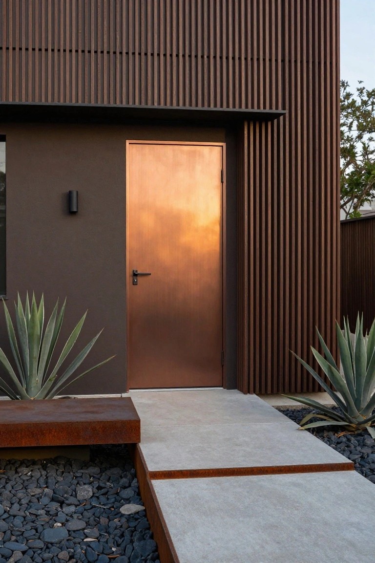 Modern house facade with brown vertical wood cladding, copper front door with black handle, black wall light, agave plants on both sides, rust steel bench and edging along a concrete path with black gravel.