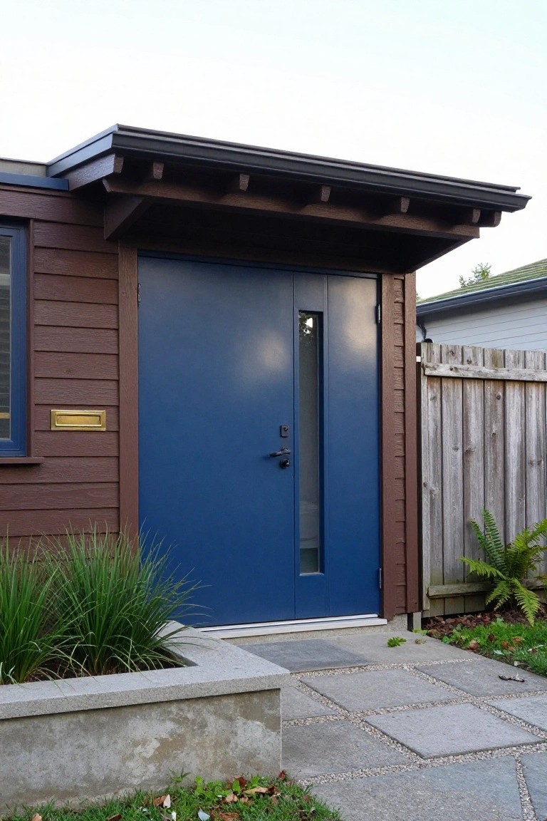 Navy blue double front door with integrated vertical sidelight on brown wood shingle house exterior, under wooden overhang, beside concrete planter with ornamental grasses and stone paver pathway.