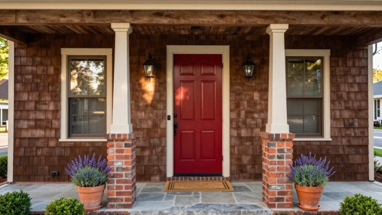 Brown shingle siding house exterior with arched red front door framed in brick, flanked by black lanterns and terracotta pots of lavender on stone steps.