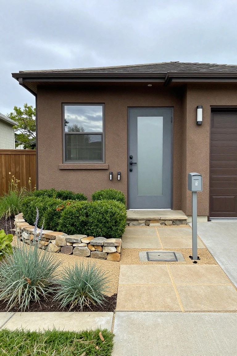 Front exterior of a brown stucco house showing a tall gray frosted glass door with black hardware and lights, a side window, garage door, mailbox on a post, stone entry steps, and landscaped beds with shrubs, agave plants, and rock edging.