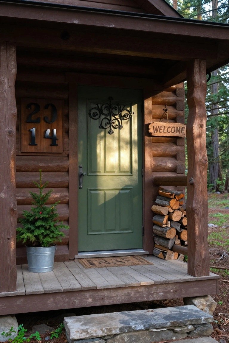 Rustic log cabin front porch with green paneled door numbered 2314, black metal house numbers on wood plaque, hanging welcome sign, potted small evergreen tree, stacked firewood, doormat, and stone steps amid pine trees.