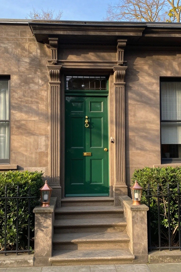 Green front door with brass knocker and letterbox on brown sandstone house with fluted columns, copper lanterns, boxwood shrubs, and stone steps.