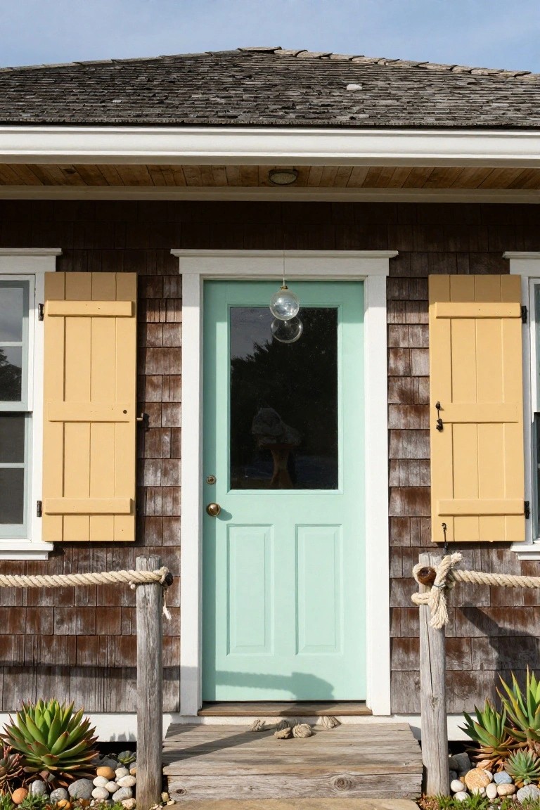 Mint Green Door on Brown Shingle House