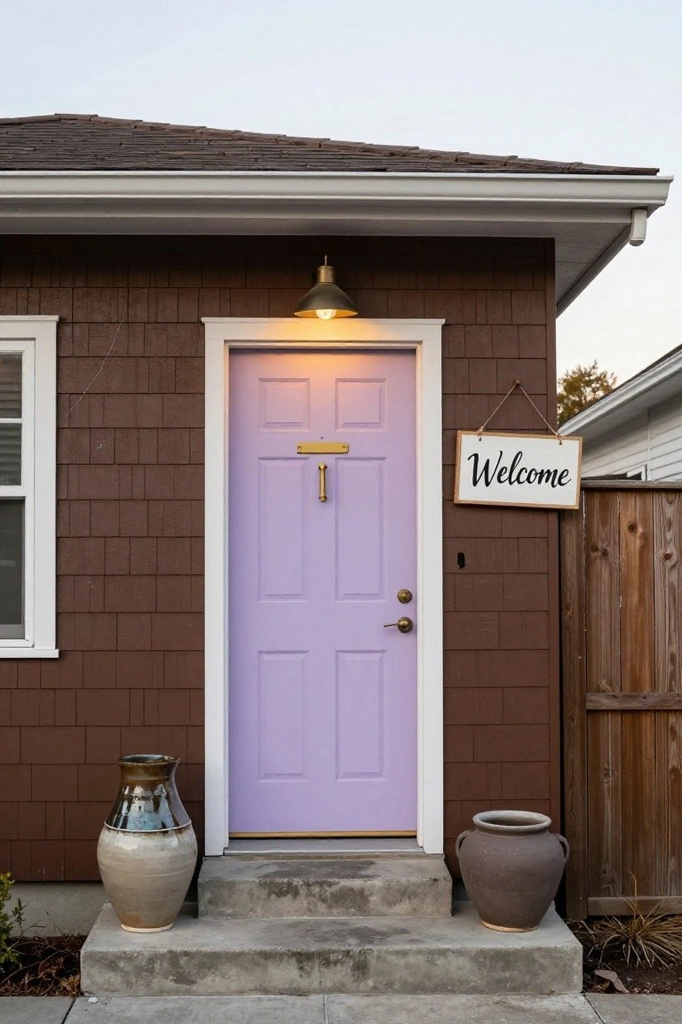 Brown shingle house exterior with purple paneled front door, brass knocker and handle, wall lantern light above, large ceramic vases flanking concrete steps, wooden 