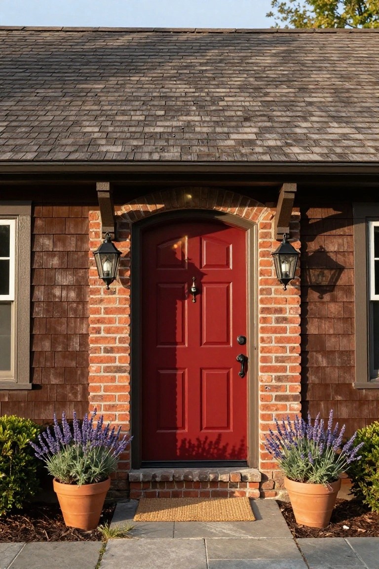 Brown shingle siding house exterior with arched red front door framed in brick, flanked by black lanterns and terracotta pots of lavender on stone steps.