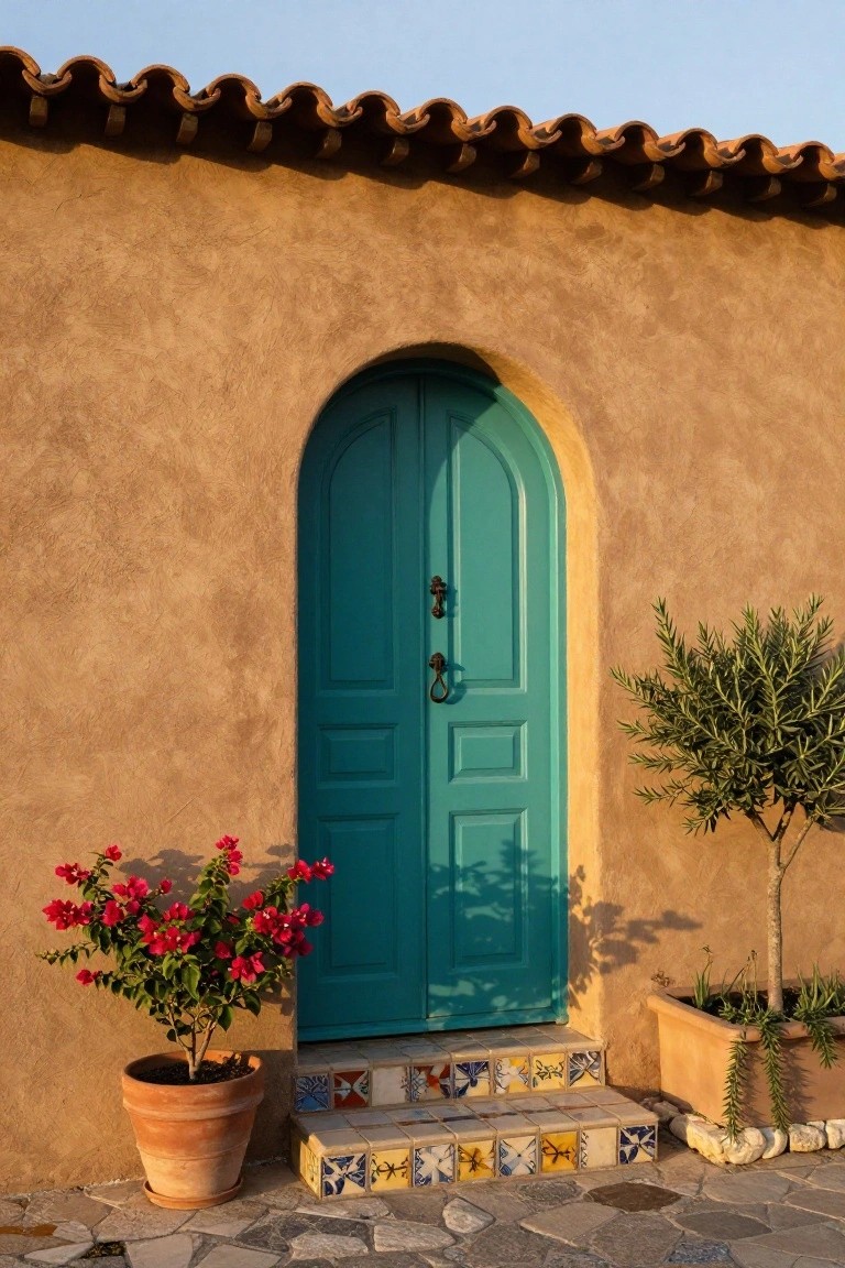 Arched turquoise double door with black iron hardware set into a beige adobe wall under a terracotta tile roof edge, with a potted red bougainvillea plant to the left, olive tree planter to the right, colorful tiled steps, and pebble ground.