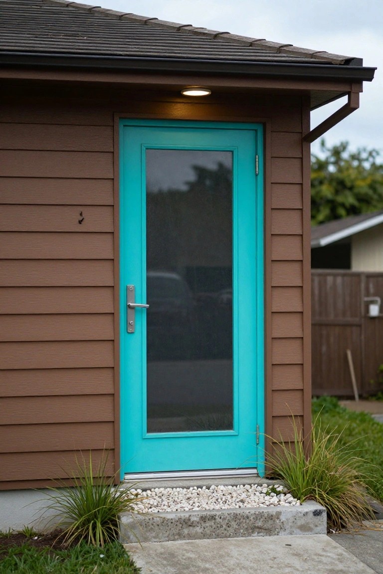 Close-up of a brown shingle-sided house corner with a turquoise front door that has a vertical glass panel, silver handle, overhead light, gravel path, and ornamental grasses nearby.