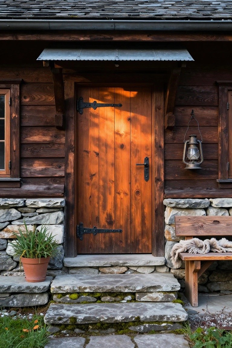 Rustic wooden cabin entrance with warm orange-brown vertical-plank door, black iron hardware, hanging lantern, potted plant, wooden bench, stone steps, and wood shingle siding on stone base.