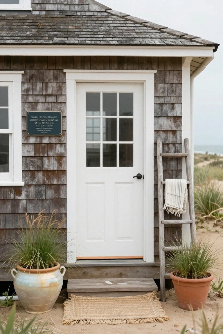 Weathered brown shingle beach house exterior with white paneled front door, brass plaque nearby, potted grasses flanking the entry, wooden ladder draped with white towel, seagrass mat on steps, and dunes in background.