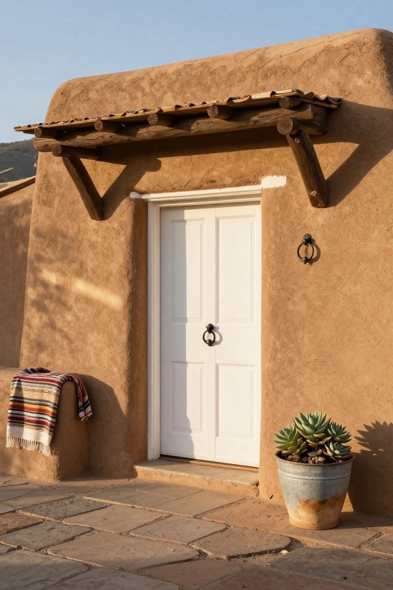 Close-up of a white double front door on a rounded brown adobe house wall under a wooden beam porch overhang, with a colorful striped blanket draped nearby, a potted succulent in a metal bucket, and irregular stone pavers in front.