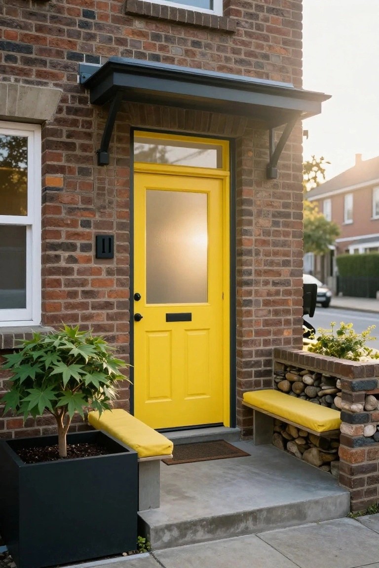 Vibrant yellow front door with frosted glass panels and black knocker on a brown brick house exterior, under a black awning with potted Japanese maple plant, yellow bench cushion on stone wall, and small plants nearby.