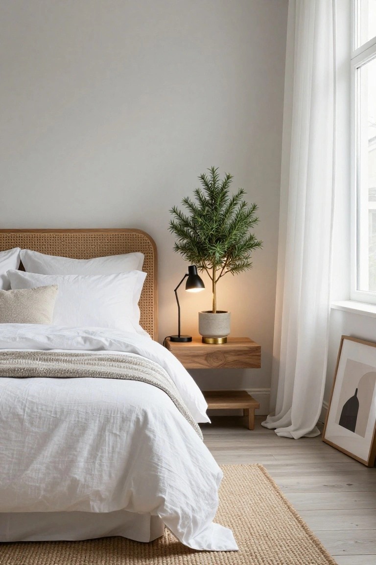 Bedroom corner featuring a rattan headboard bed with white linens and gray throw, wooden floating nightstand with black lamp and small potted pine tree, sheer curtains on window, framed abstract art, and light wood floors with seagrass rug.