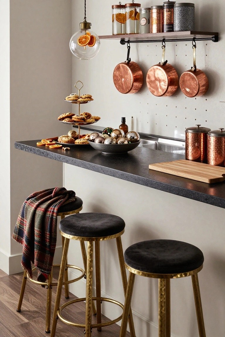 Kitchen bar area with black countertop holding holiday cookies, oranges, ornaments, and tiered stand; two hammered brass barstools with black velvet seats, one draped with plaid throw; copper pots hanging nearby and glass pendant light with dried oranges above.